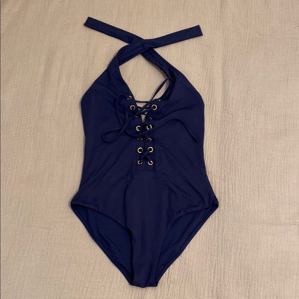 MELISSA ODABASH Swim Halter Neck One-Piece Swimsuit - Navy. Size 6
